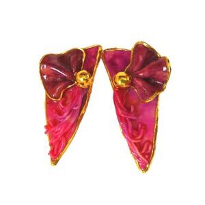 Vintage Amy Lacombe Pink Purple Flower Dangle Earrings Yellow Gold Plated Clip